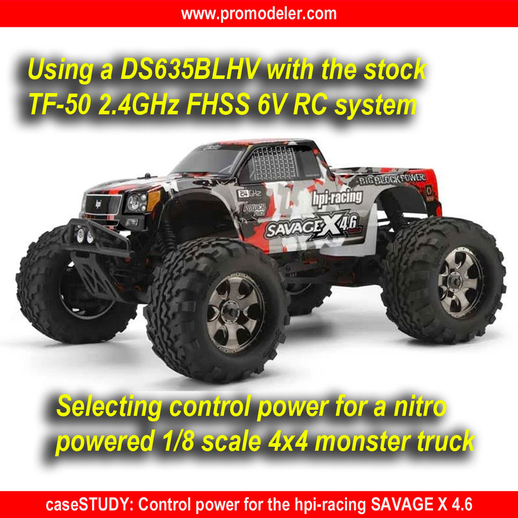 On selecting the best servo for an HPI Savage and powering it with a rechargeable battery pack instead of AA alkalines or recharegables