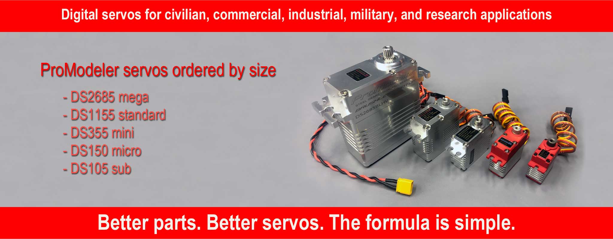 ProModeler servos ordered by size from largest to smallest