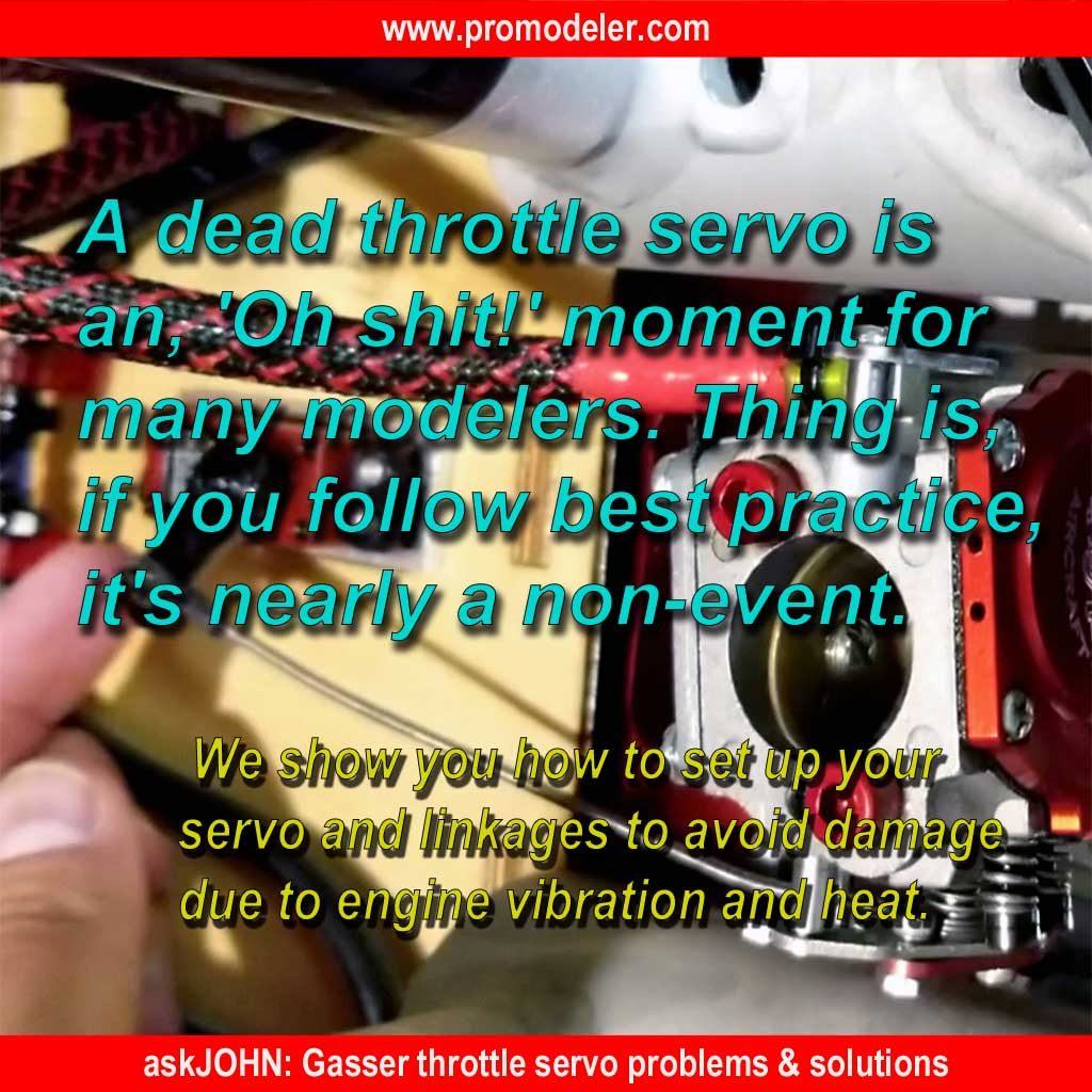 Image of throttle servo on model airplane firewall with text overlay