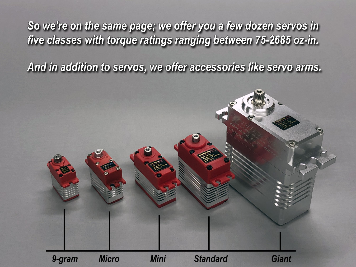 Lineup of 5 servos showing the different size classes offered.